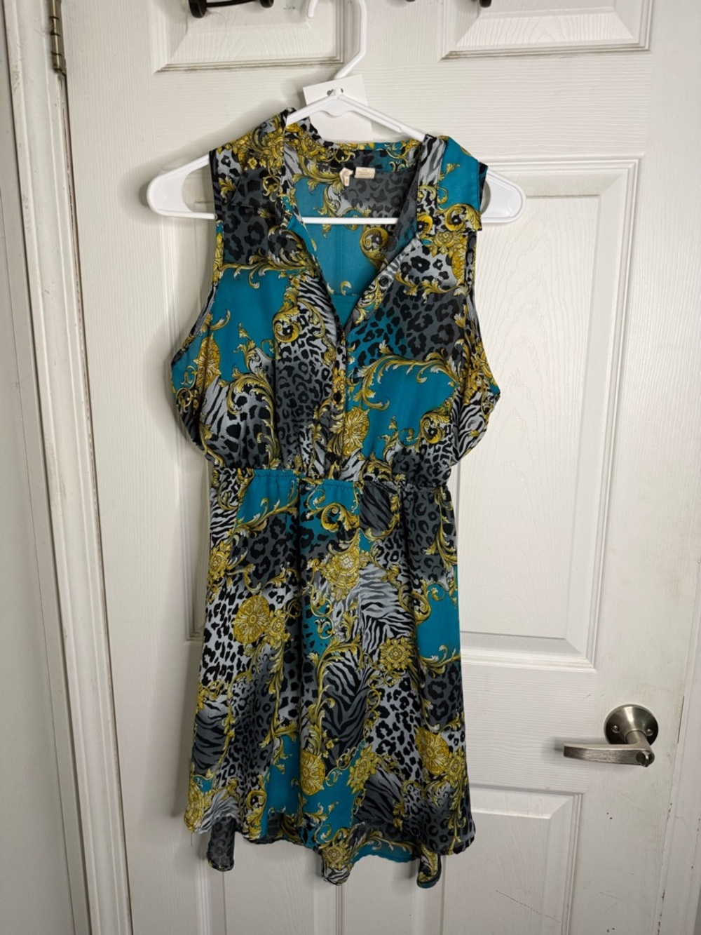Red Camel Teal & Gold Baroque Animal-Print Mini Dress